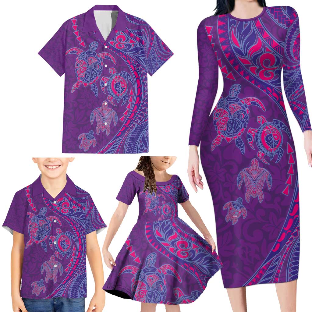 Hawaiian Turtles and Polynesian Art Tattoo Family Matching Long Sleeve Bodycon Dress and Hawaiian Shirt Dusky Violet LT03 - Polynesian Pride