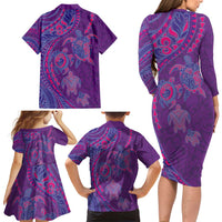 Hawaiian Turtles and Polynesian Art Tattoo Family Matching Long Sleeve Bodycon Dress and Hawaiian Shirt Dusky Violet LT03 - Polynesian Pride