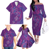 Hawaiian Turtles and Polynesian Art Tattoo Family Matching Off The Shoulder Long Sleeve Dress and Hawaiian Shirt Dusky Violet LT03 - Polynesian Pride