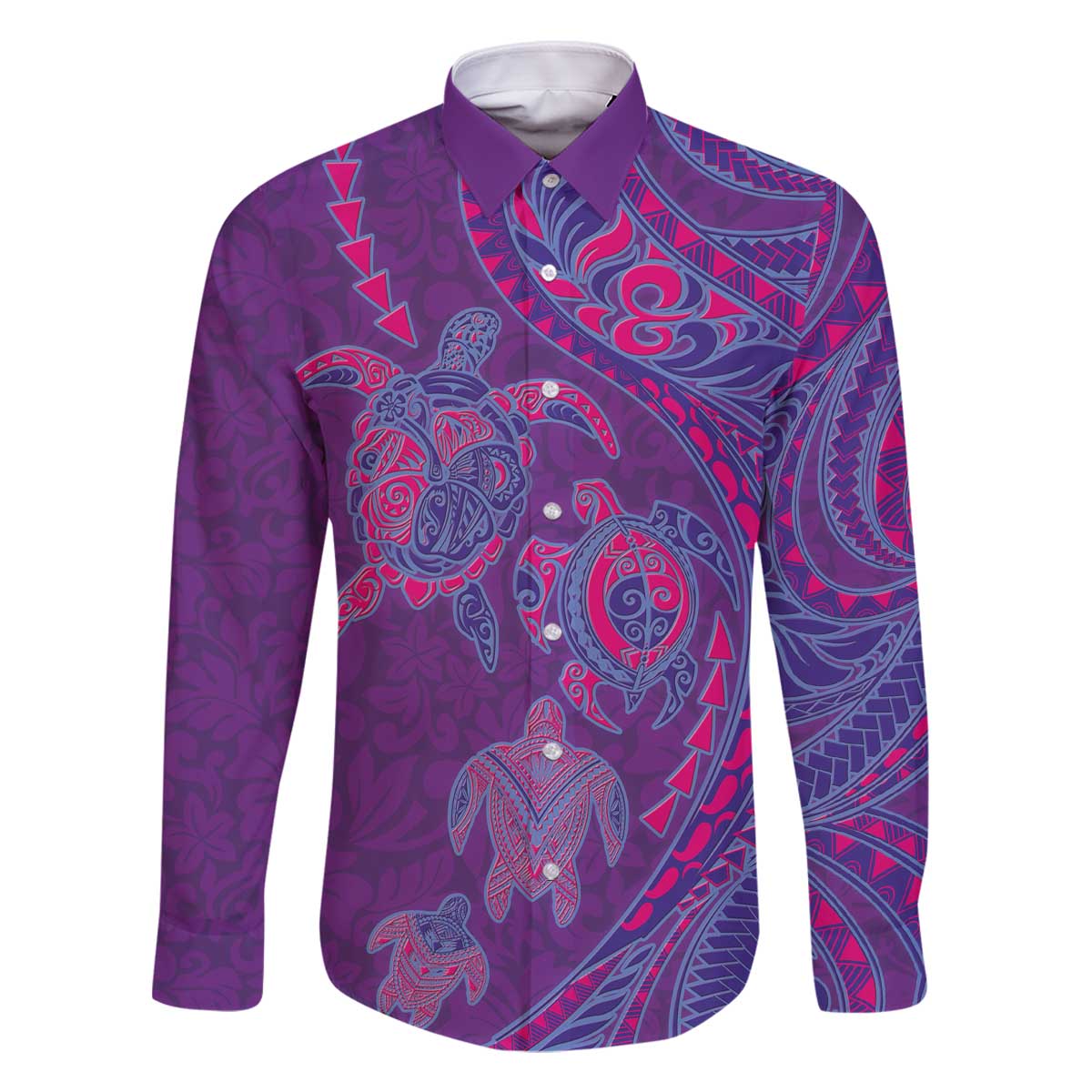 Hawaiian Turtles and Polynesian Art Tattoo Family Matching Off The Shoulder Long Sleeve Dress and Hawaiian Shirt Dusky Violet LT03 Dad's Shirt - Long Sleeve Purple - Polynesian Pride