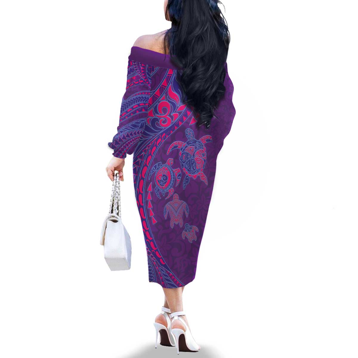 Hawaiian Turtles and Polynesian Art Tattoo Family Matching Off The Shoulder Long Sleeve Dress and Hawaiian Shirt Dusky Violet LT03 - Polynesian Pride