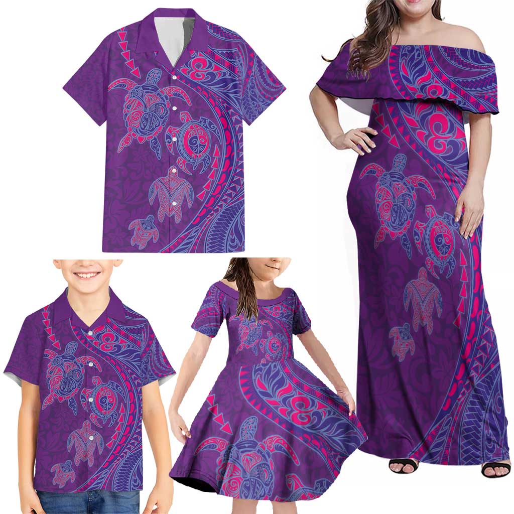 Hawaiian Turtles and Polynesian Art Tattoo Family Matching Off Shoulder Maxi Dress and Hawaiian Shirt Dusky Violet LT03 - Polynesian Pride