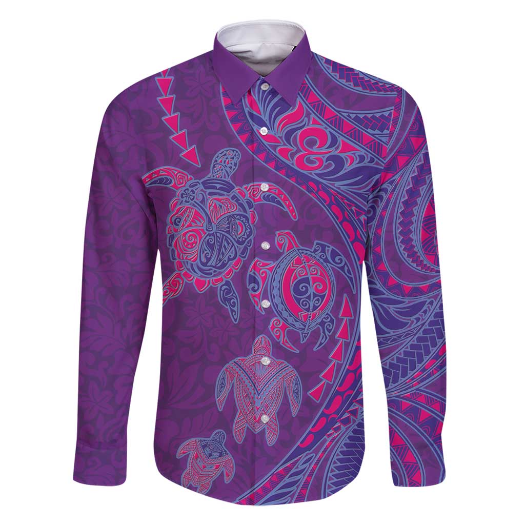 Hawaiian Turtles and Polynesian Art Tattoo Family Matching Off Shoulder Maxi Dress and Hawaiian Shirt Dusky Violet LT03 Dad's Shirt - Long Sleeve Purple - Polynesian Pride