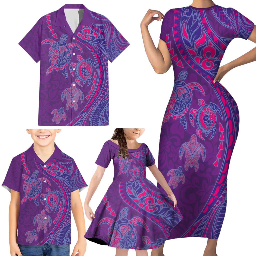 Hawaiian Turtles and Polynesian Art Tattoo Family Matching Short Sleeve Bodycon Dress and Hawaiian Shirt Dusky Violet LT03 - Polynesian Pride