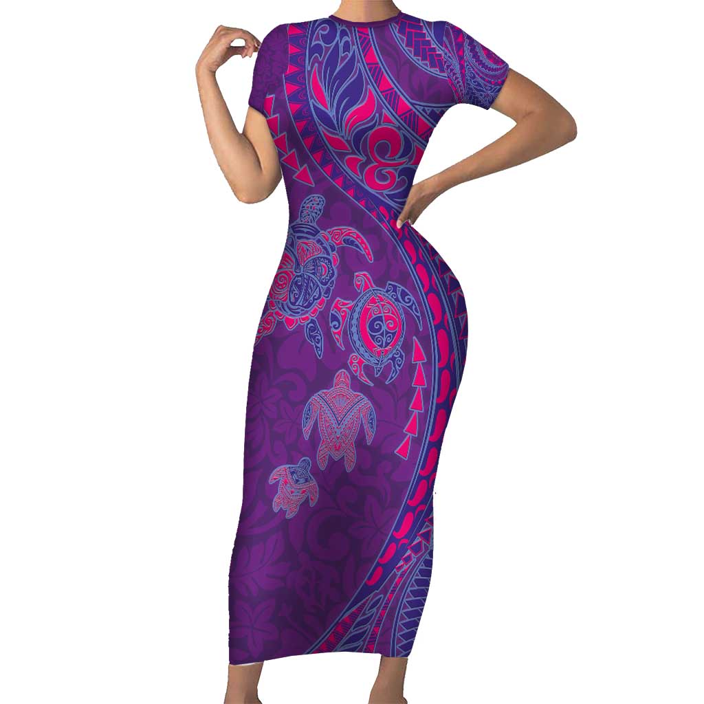 Hawaiian Turtles and Polynesian Art Tattoo Family Matching Short Sleeve Bodycon Dress and Hawaiian Shirt Dusky Violet LT03 Mom's Dress Purple - Polynesian Pride