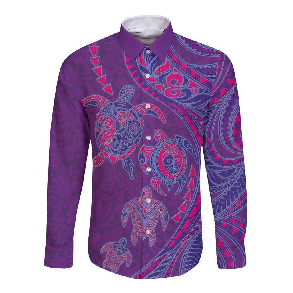 Hawaiian Turtles and Polynesian Art Tattoo Long Sleeve Button Shirt Dusky Violet LT03 Unisex Purple - Polynesian Pride