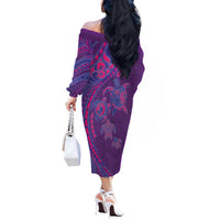 Hawaiian Turtles and Polynesian Art Tattoo Off The Shoulder Long Sleeve Dress Dusky Violet