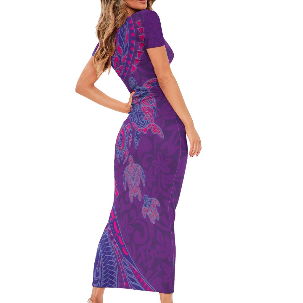 Hawaiian Turtles and Polynesian Art Tattoo Short Sleeve Bodycon Dress Dusky Violet