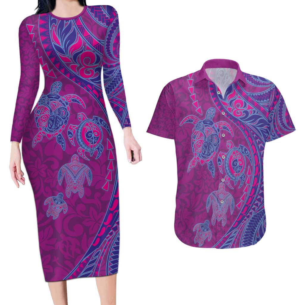 Hawaiian Turtles and Polynesian Art Tattoo Couples Matching Long Sleeve Bodycon Dress and Hawaiian Shirt Cerise LT03 Pink - Polynesian Pride