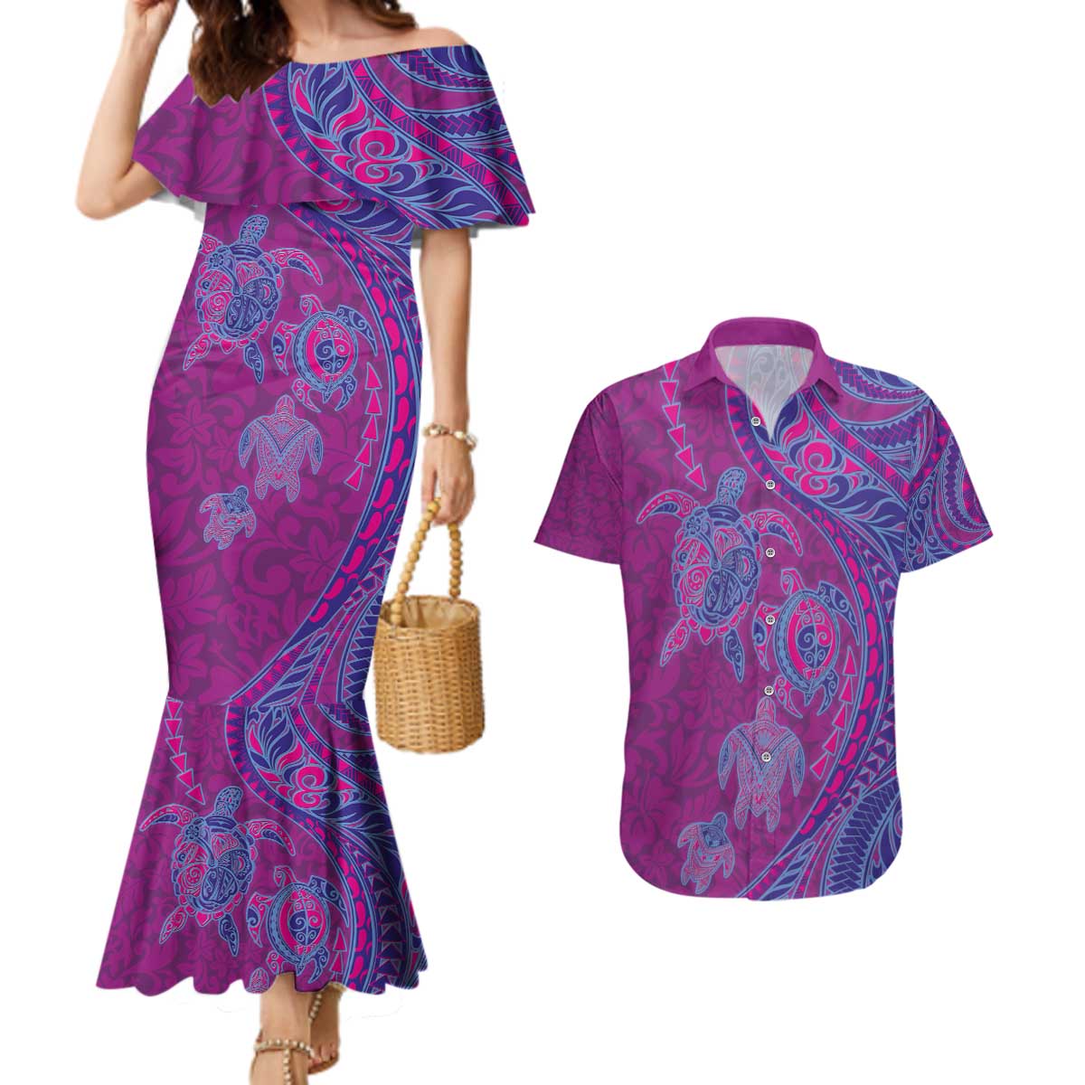 Hawaiian Turtles and Polynesian Art Tattoo Couples Matching Mermaid Dress and Hawaiian Shirt Cerise