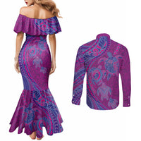 Hawaiian Turtles and Polynesian Art Tattoo Couples Matching Mermaid Dress and Long Sleeve Button Shirt Cerise