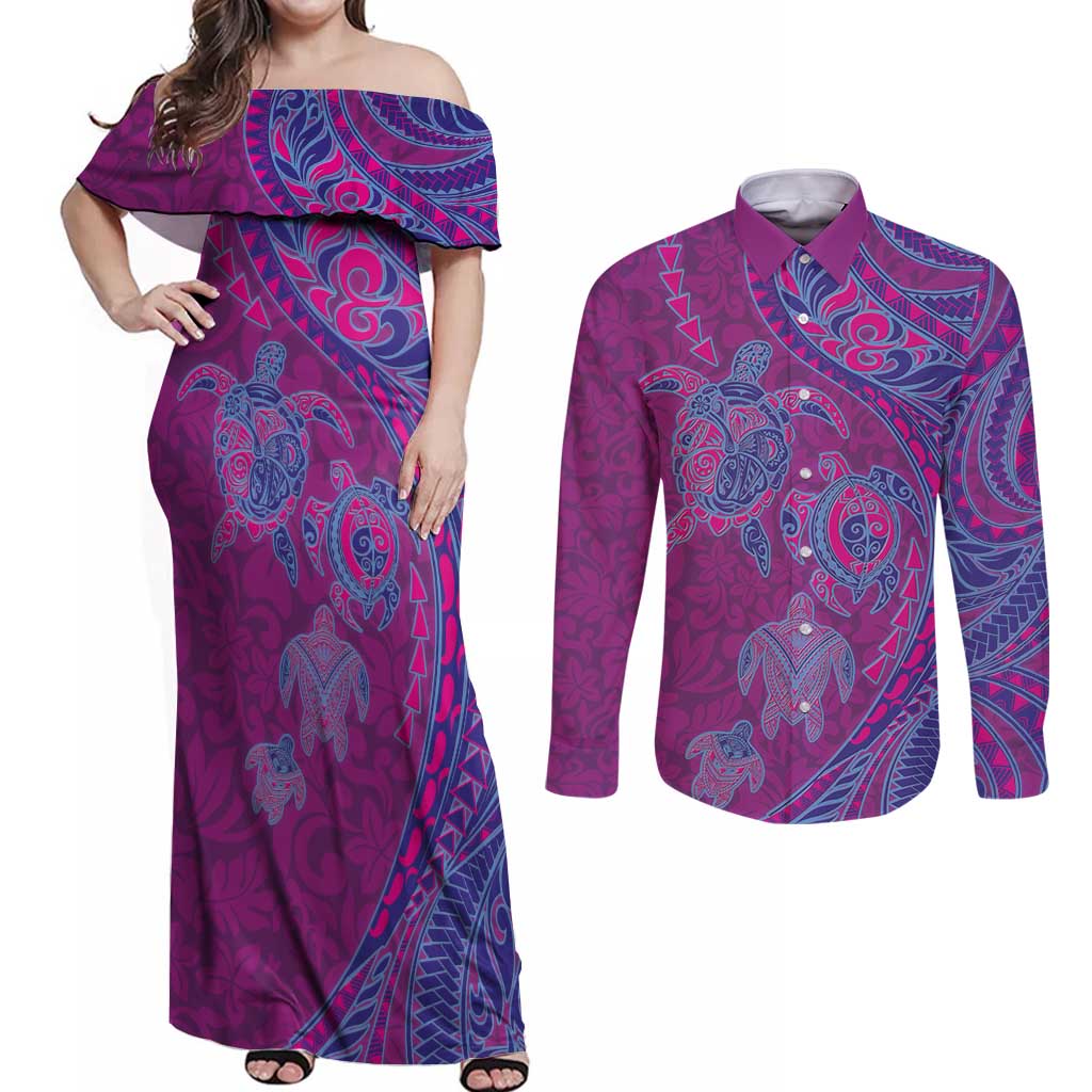 Hawaiian Turtles and Polynesian Art Tattoo Couples Matching Off Shoulder Maxi Dress and Long Sleeve Button Shirt Cerise