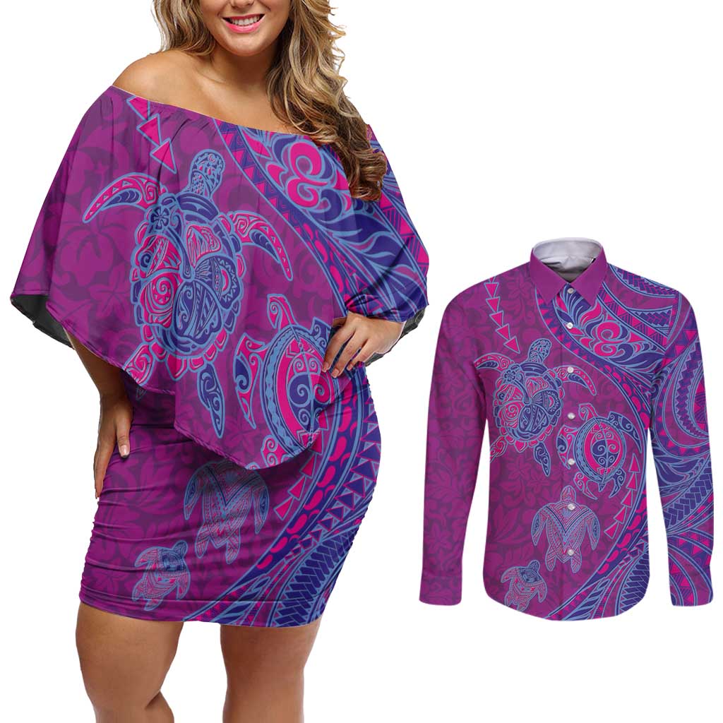 Hawaiian Turtles and Polynesian Art Tattoo Couples Matching Off Shoulder Short Dress and Long Sleeve Button Shirt Cerise