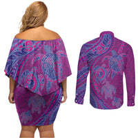 Hawaiian Turtles and Polynesian Art Tattoo Couples Matching Off Shoulder Short Dress and Long Sleeve Button Shirt Cerise