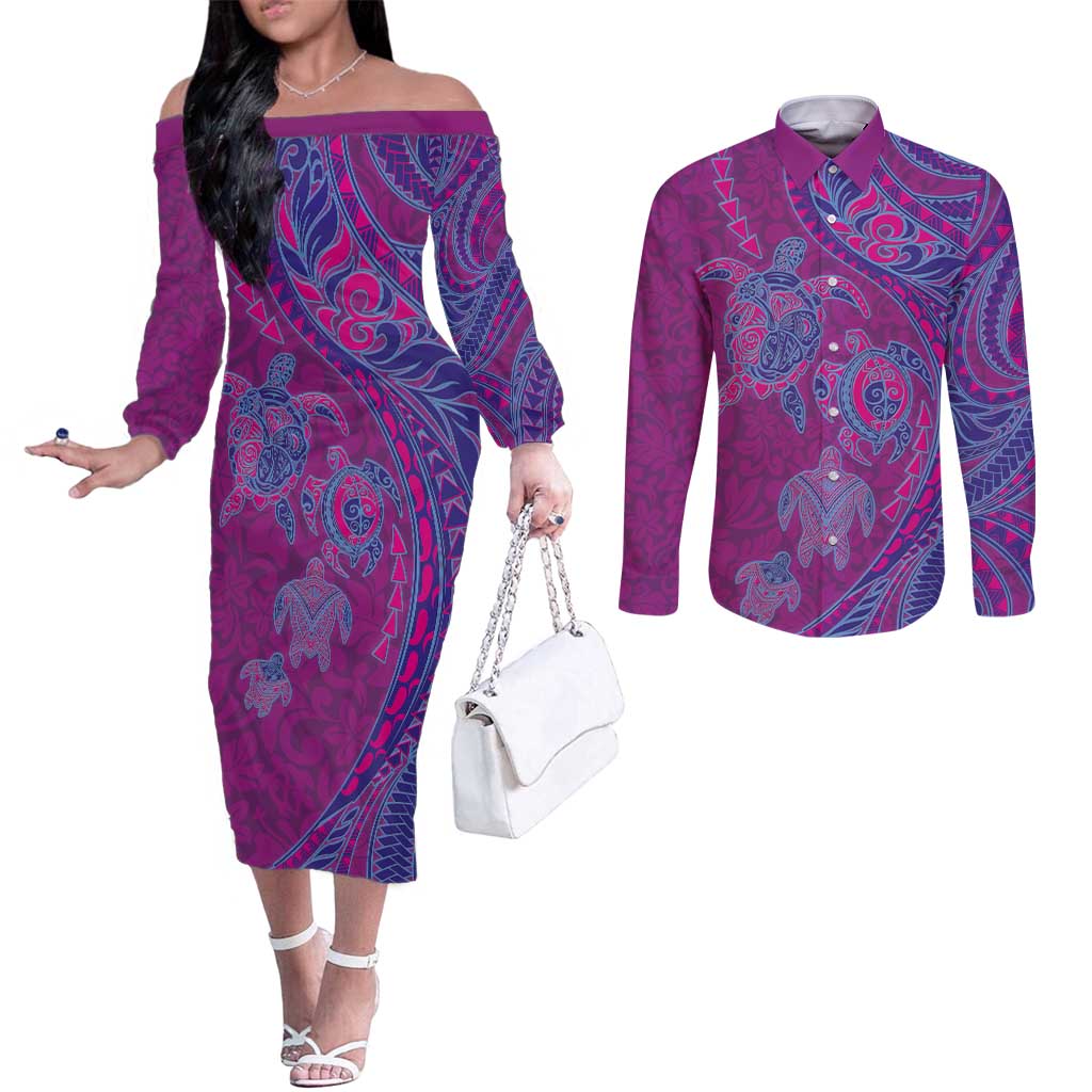 Hawaiian Turtles and Polynesian Art Tattoo Couples Matching Off The Shoulder Long Sleeve Dress and Long Sleeve Button Shirt Cerise LT03 Pink - Polynesian Pride