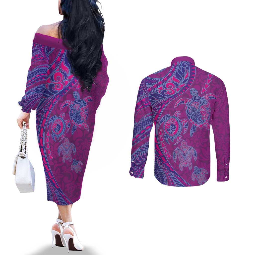 Hawaiian Turtles and Polynesian Art Tattoo Couples Matching Off The Shoulder Long Sleeve Dress and Long Sleeve Button Shirt Cerise