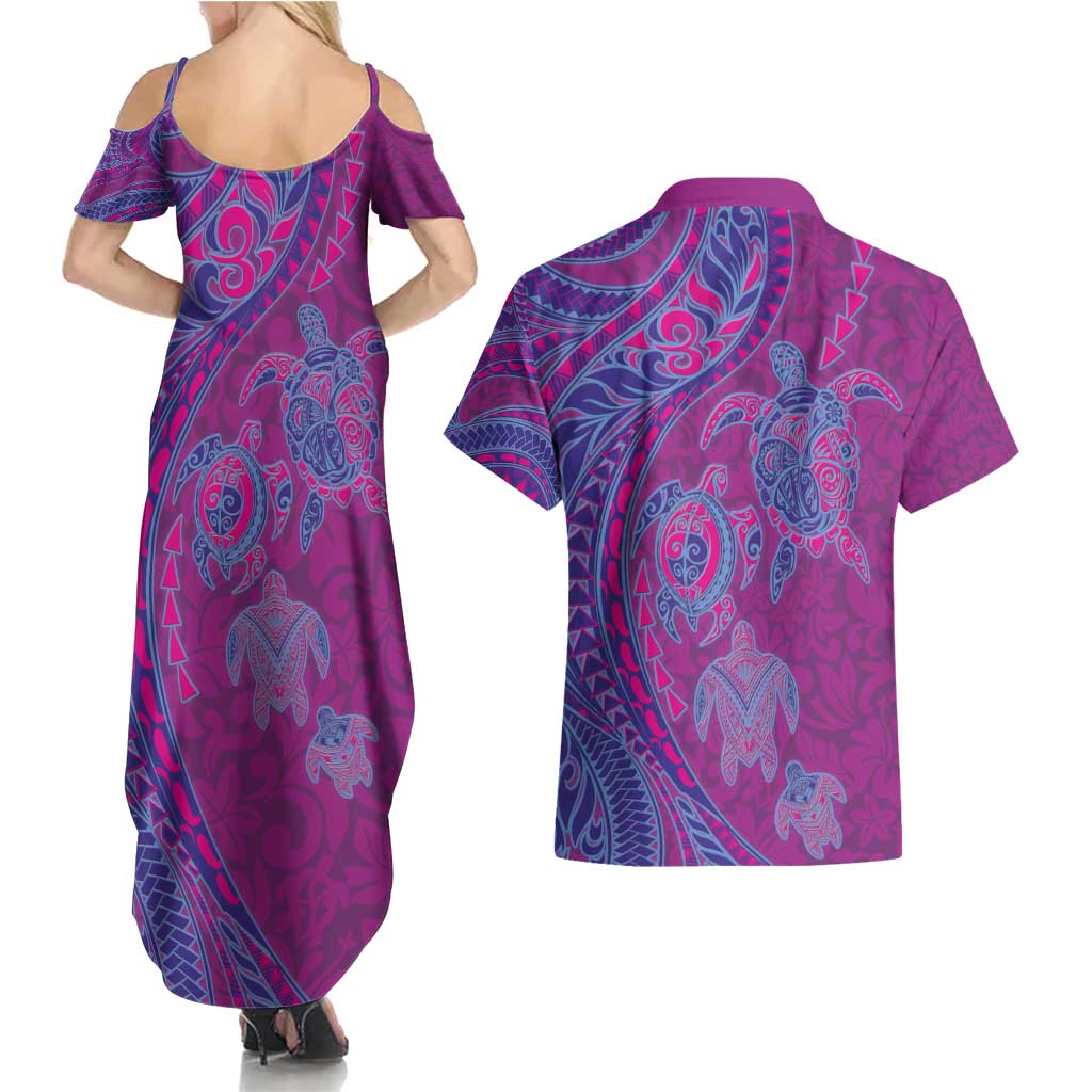 Hawaiian Turtles and Polynesian Art Tattoo Couples Matching Summer Maxi Dress and Hawaiian Shirt Cerise