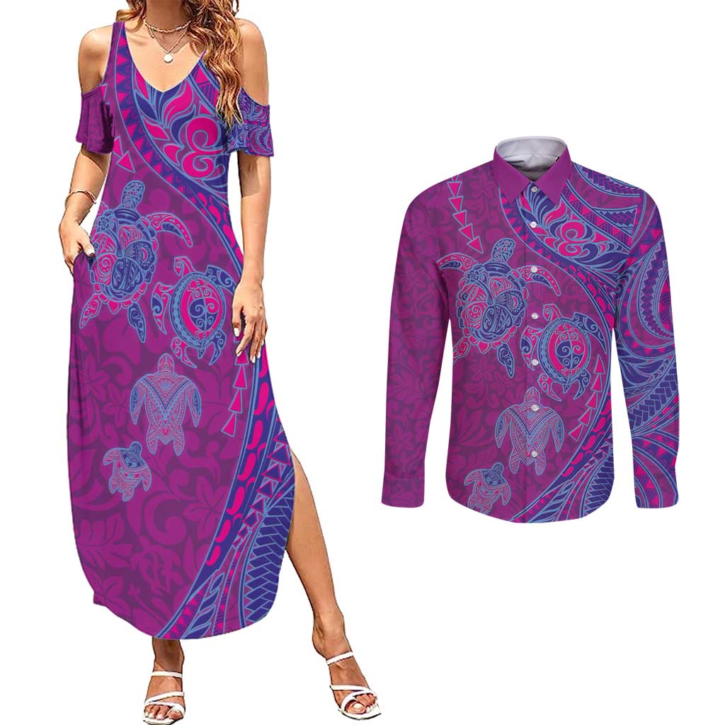 Hawaiian Turtles and Polynesian Art Tattoo Couples Matching Summer Maxi Dress and Long Sleeve Button Shirt Cerise