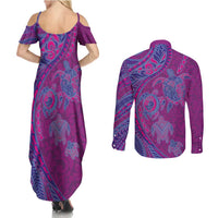 Hawaiian Turtles and Polynesian Art Tattoo Couples Matching Summer Maxi Dress and Long Sleeve Button Shirt Cerise