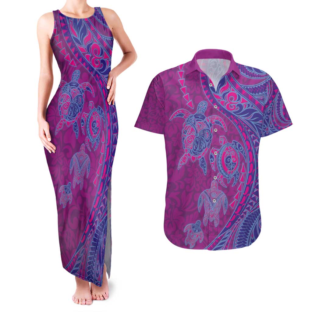 Hawaiian Turtles and Polynesian Art Tattoo Couples Matching Tank Maxi Dress and Hawaiian Shirt Cerise