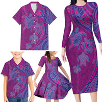 Hawaiian Turtles and Polynesian Art Tattoo Family Matching Long Sleeve Bodycon Dress and Hawaiian Shirt Cerise LT03 - Polynesian Pride