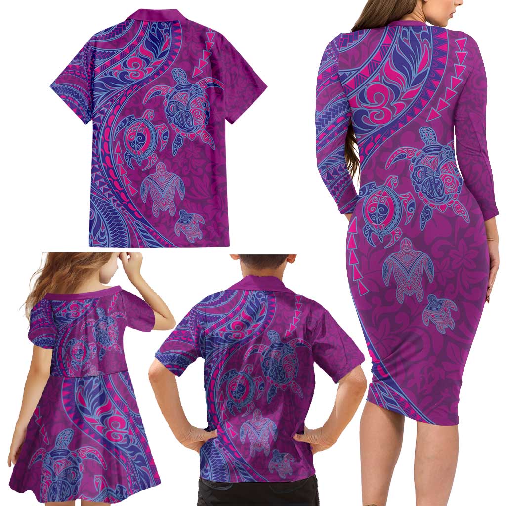 Hawaiian Turtles and Polynesian Art Tattoo Family Matching Long Sleeve Bodycon Dress and Hawaiian Shirt Cerise LT03 - Polynesian Pride
