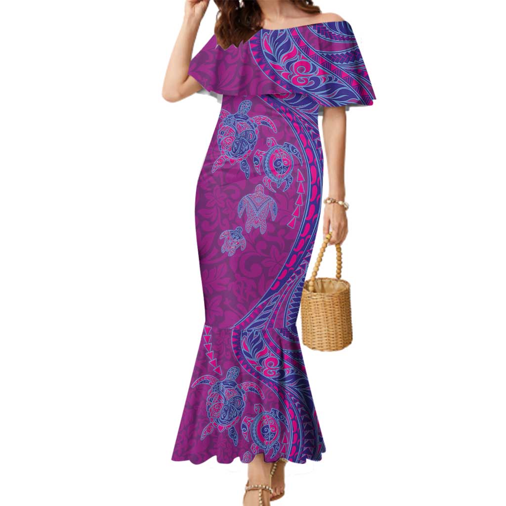 Hawaiian Turtles and Polynesian Art Tattoo Family Matching Mermaid Dress and Hawaiian Shirt Cerise LT03 Mom's Dress Pink - Polynesian Pride