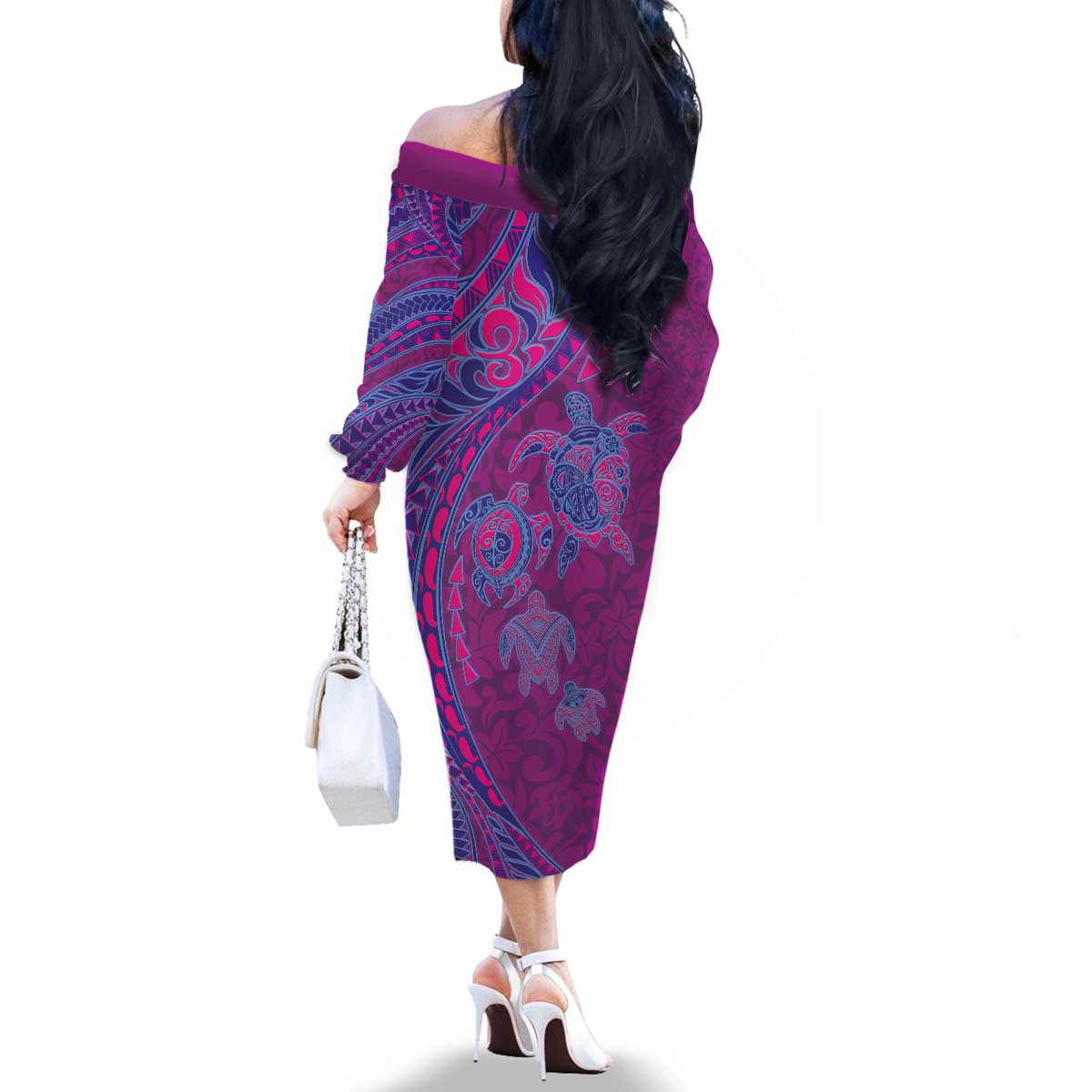 Hawaiian Turtles and Polynesian Art Tattoo Family Matching Off The Shoulder Long Sleeve Dress and Hawaiian Shirt Cerise LT03 - Polynesian Pride