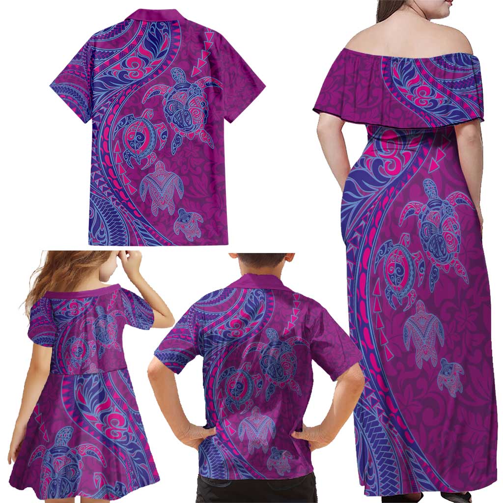 Hawaiian Turtles and Polynesian Art Tattoo Family Matching Off Shoulder Maxi Dress and Hawaiian Shirt Cerise LT03 - Polynesian Pride