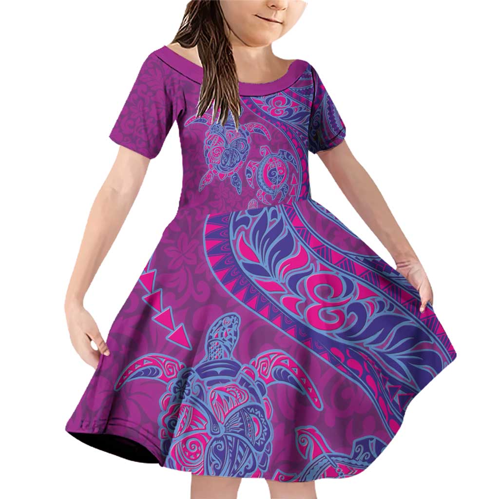Hawaiian Turtles and Polynesian Art Tattoo Family Matching Off Shoulder Short Dress and Hawaiian Shirt Cerise LT03 Daughter's Dress Pink - Polynesian Pride