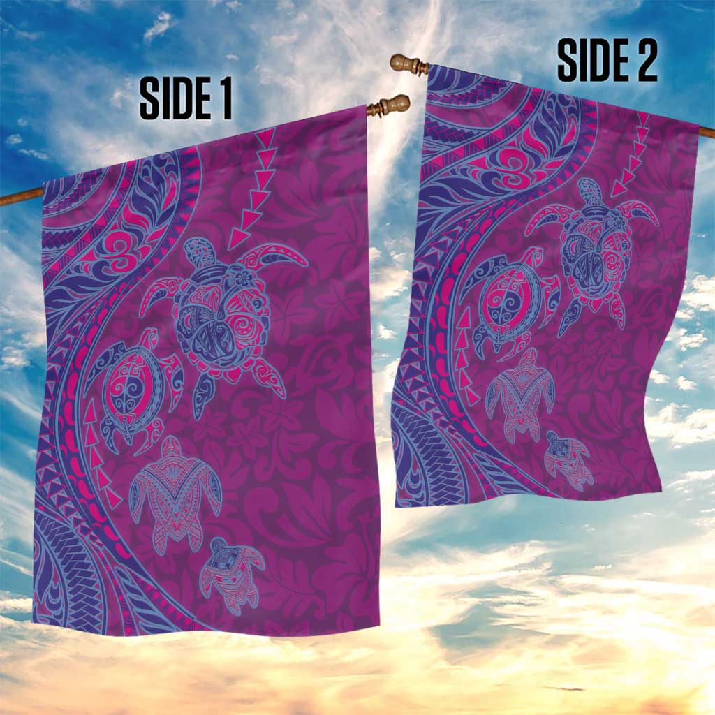 Hawaiian Turtles and Polynesian Art Tattoo Garden Flag Cerise