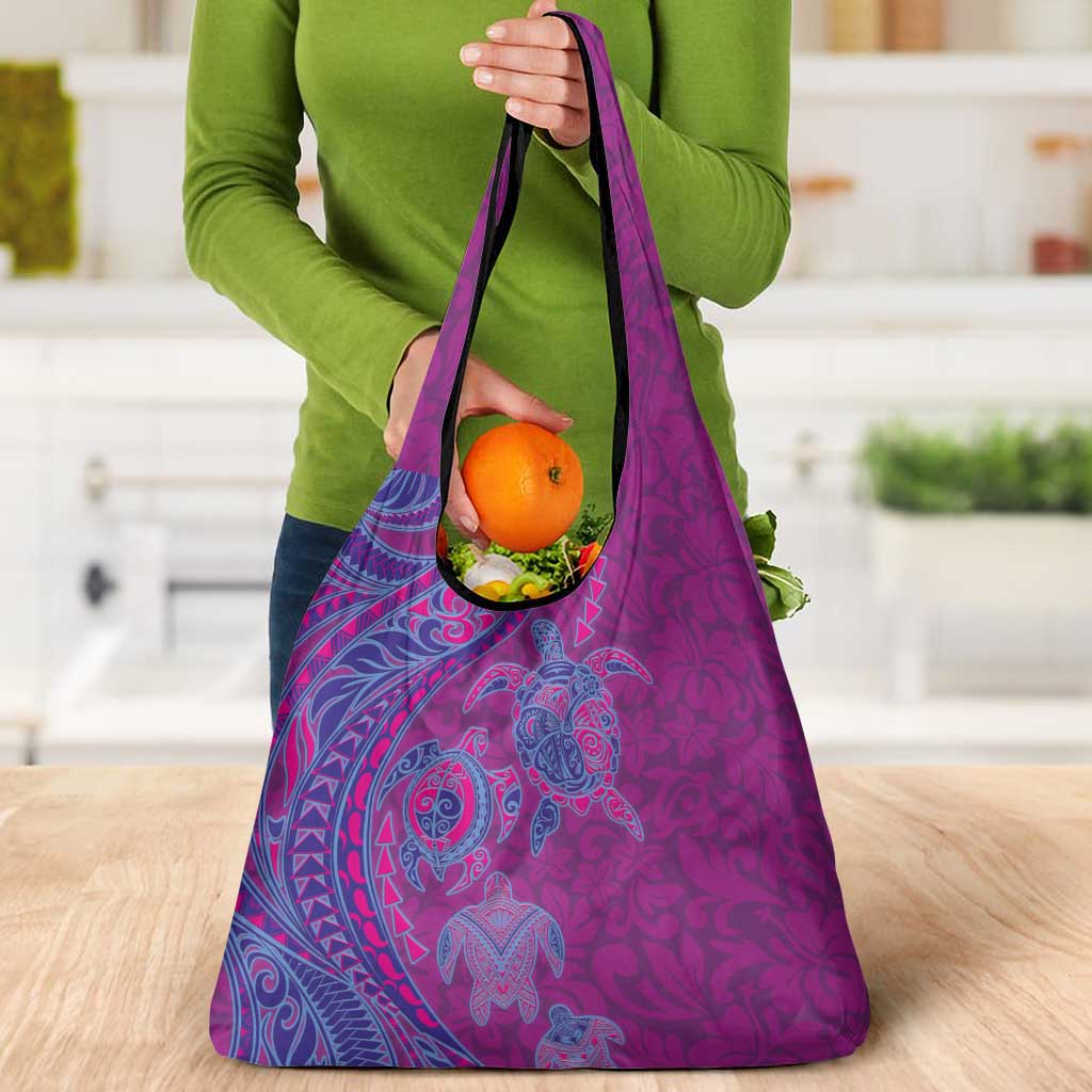 Hawaiian Turtles and Polynesian Art Tattoo Grocery Bag Cerise