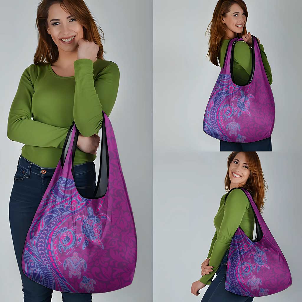 Hawaiian Turtles and Polynesian Art Tattoo Grocery Bag Cerise
