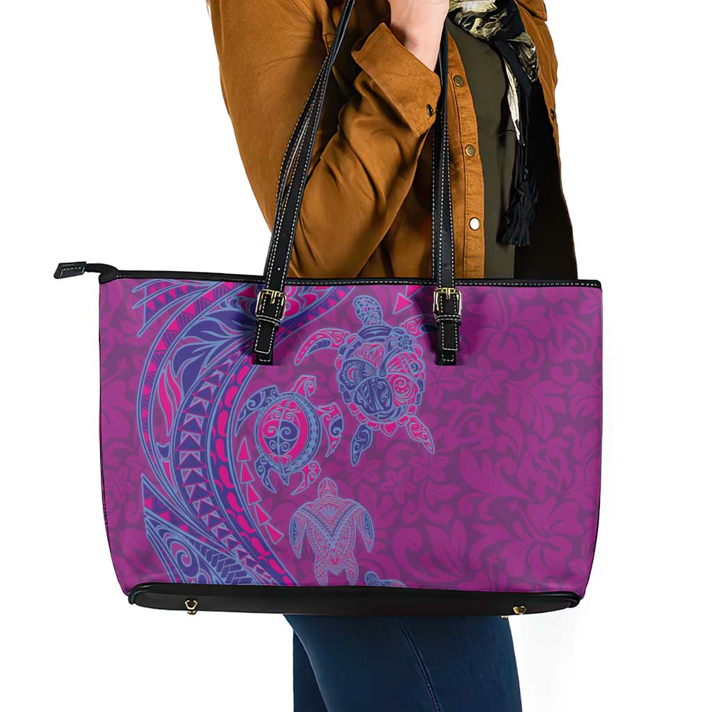 Hawaiian Turtles and Polynesian Art Tattoo Leather Tote Bag Cerise