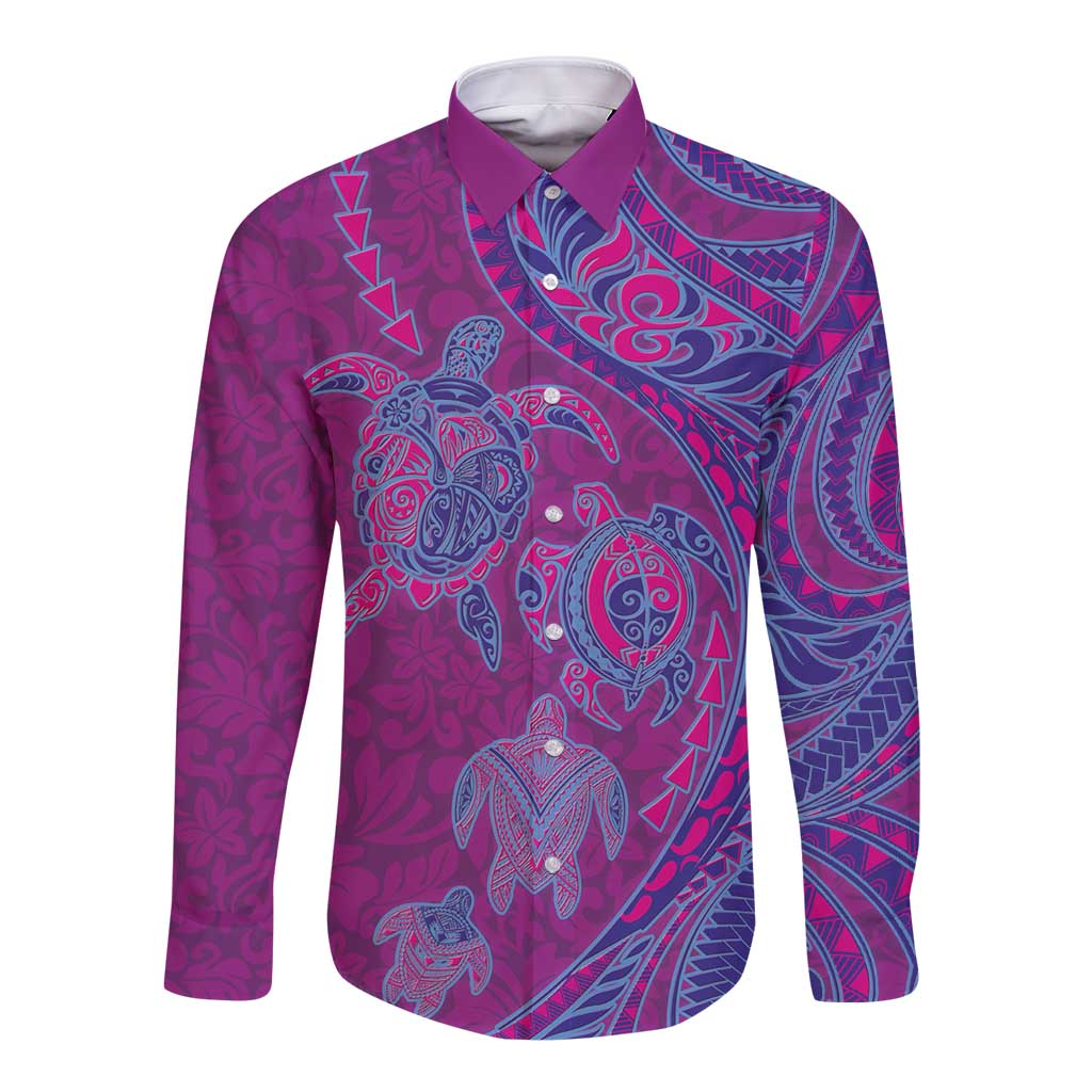 Hawaiian Turtles and Polynesian Art Tattoo Long Sleeve Button Shirt Cerise LT03 Unisex Pink - Polynesian Pride