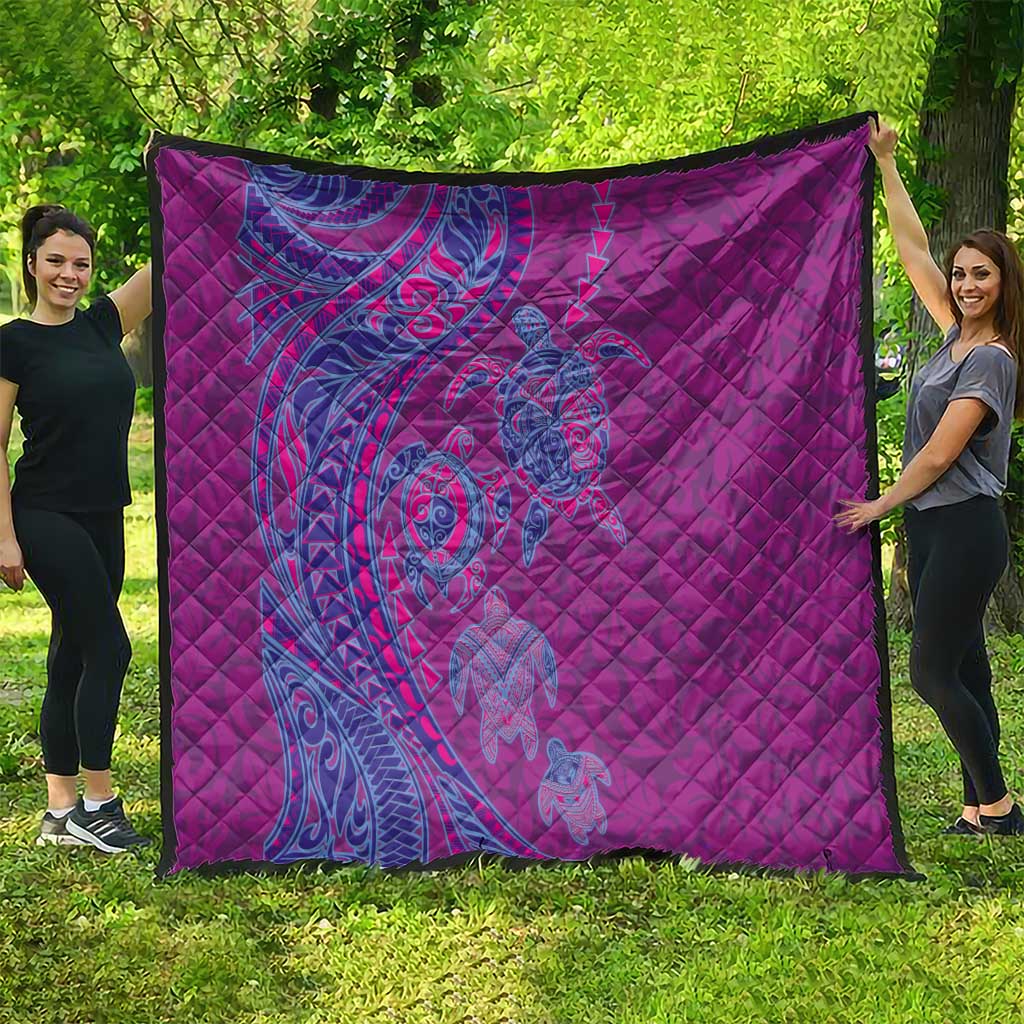 Hawaiian Turtles and Polynesian Art Tattoo Quilt Cerise