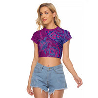 Hawaiian Turtles and Polynesian Art Tattoo Raglan Cropped T Shirt Cerise