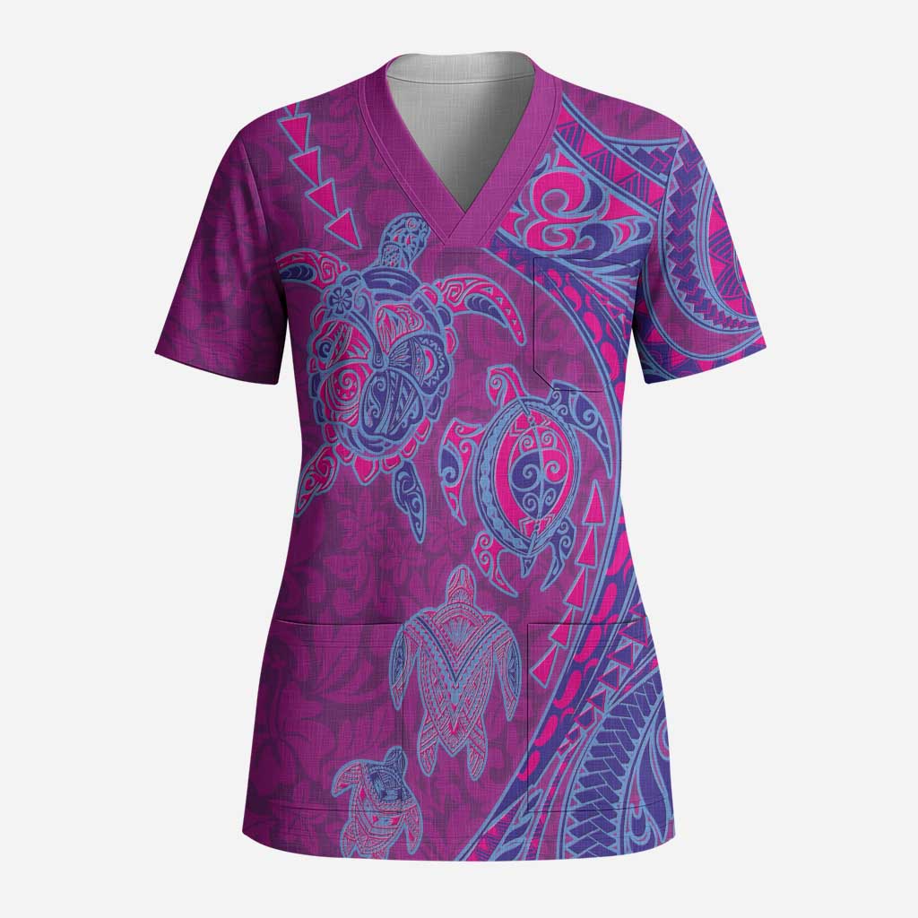 Hawaiian Turtles and Polynesian Art Tattoo Scrub Top Cerise - Polynesian Pride