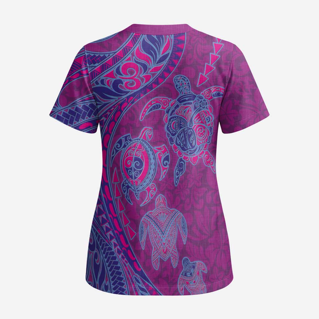 Hawaiian Turtles and Polynesian Art Tattoo Scrub Top Cerise - Polynesian Pride