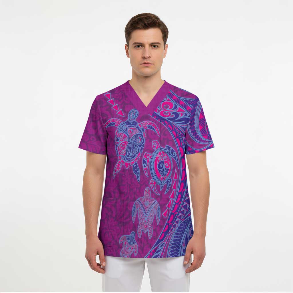 Hawaiian Turtles and Polynesian Art Tattoo Scrub Top Cerise - Polynesian Pride