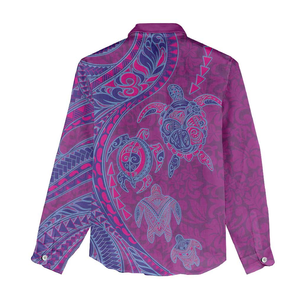 Hawaiian Turtles and Polynesian Art Tattoo Women Casual Shirt Cerise