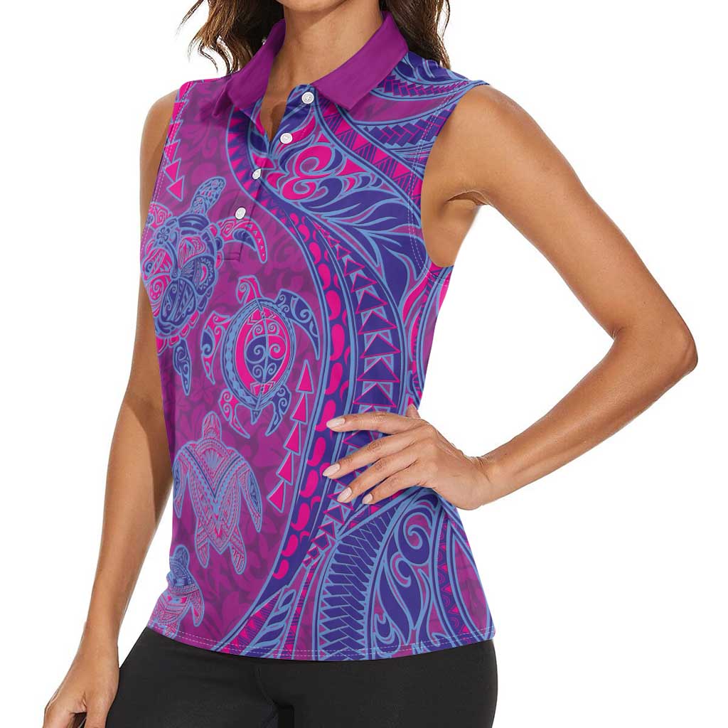 Hawaiian Turtles and Polynesian Art Tattoo Women Sleeveless Polo Shirt Cerise