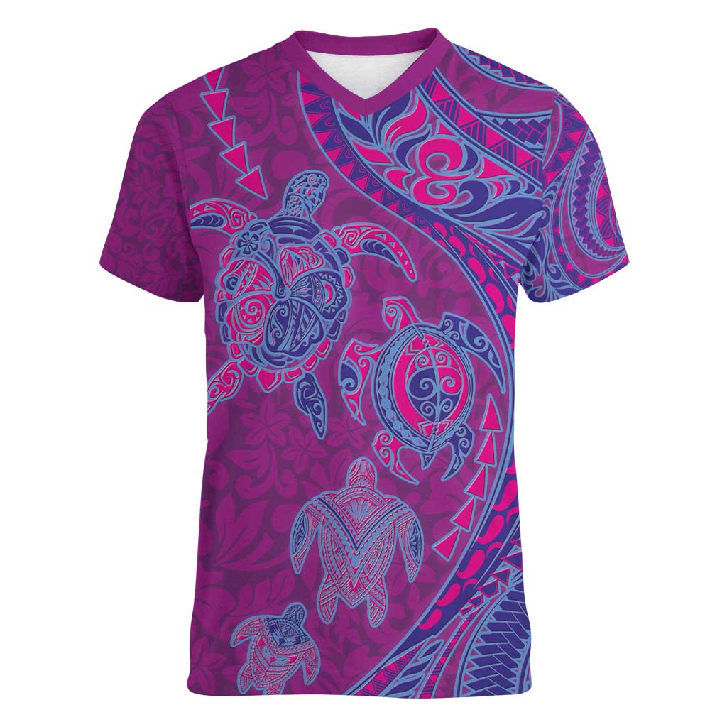 Hawaiian Turtles and Polynesian Art Tattoo Women V-Neck T-Shirt Cerise