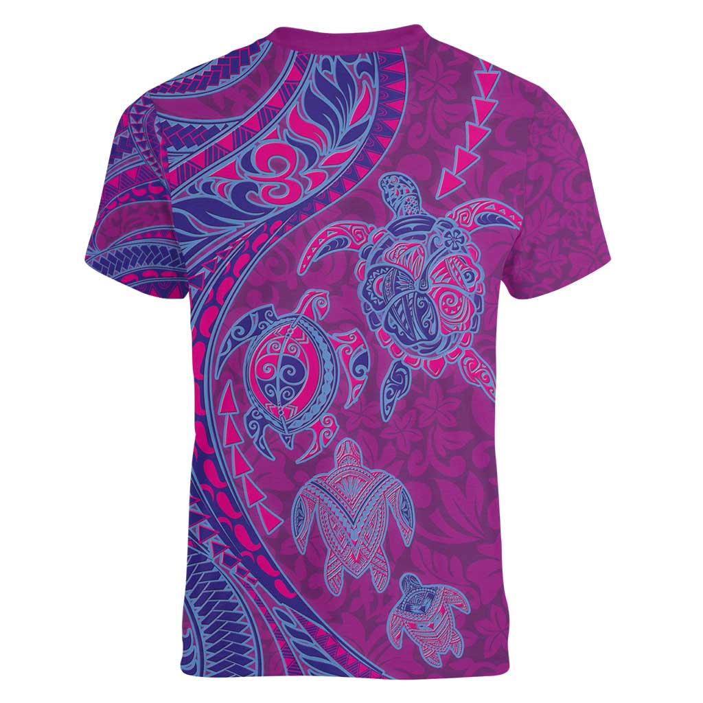 Hawaiian Turtles and Polynesian Art Tattoo Women V-Neck T-Shirt Cerise