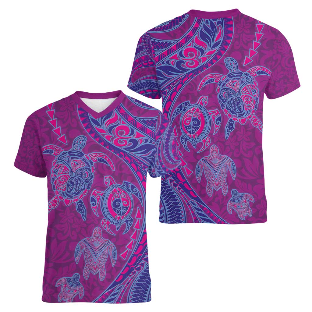 Hawaiian Turtles and Polynesian Art Tattoo Women V-Neck T-Shirt Cerise