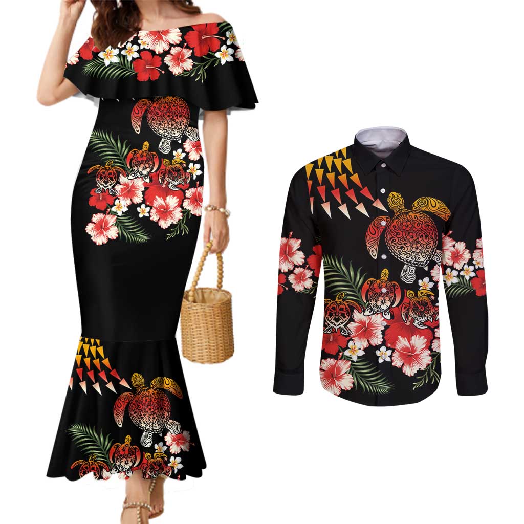 Hawaiian Hibiscus Turtle and Tropical Flower Couples Matching Mermaid Dress and Long Sleeve Button Shirt Dynamic Vibe
