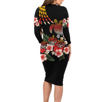 Hawaiian Hibiscus Turtle and Tropical Flower Family Matching Long Sleeve Bodycon Dress and Hawaiian Shirt Dynamic Vibe LT03 - Polynesian Pride
