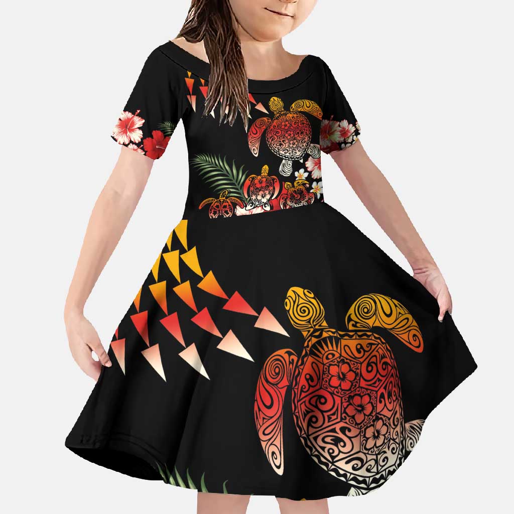 Hawaiian Hibiscus Turtle and Tropical Flower Family Matching Mermaid Dress and Hawaiian Shirt Dynamic Vibe LT03 Daughter's Dress Black - Polynesian Pride