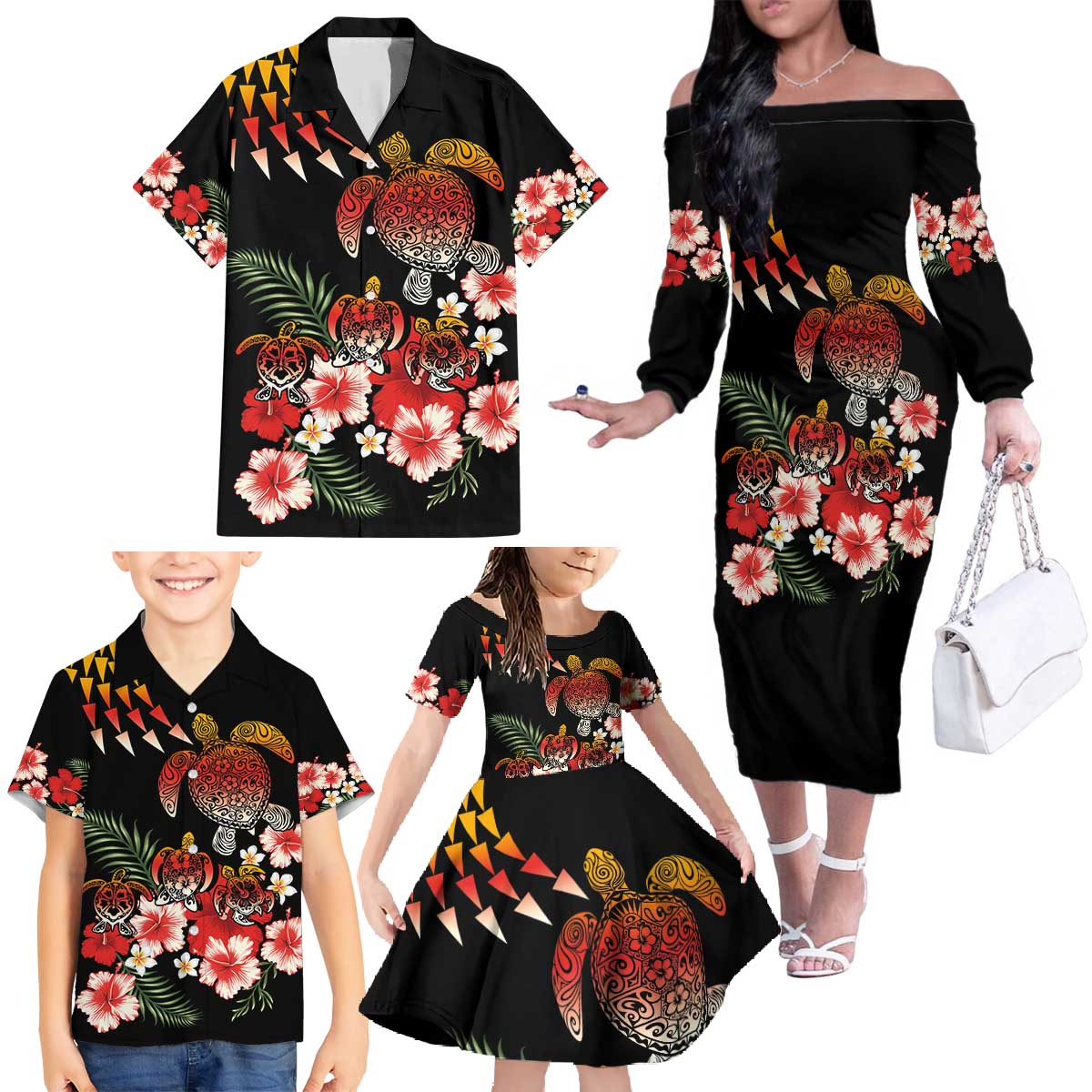 Hawaiian Hibiscus Turtle and Tropical Flower Family Matching Off The Shoulder Long Sleeve Dress and Hawaiian Shirt Dynamic Vibe LT03 - Polynesian Pride