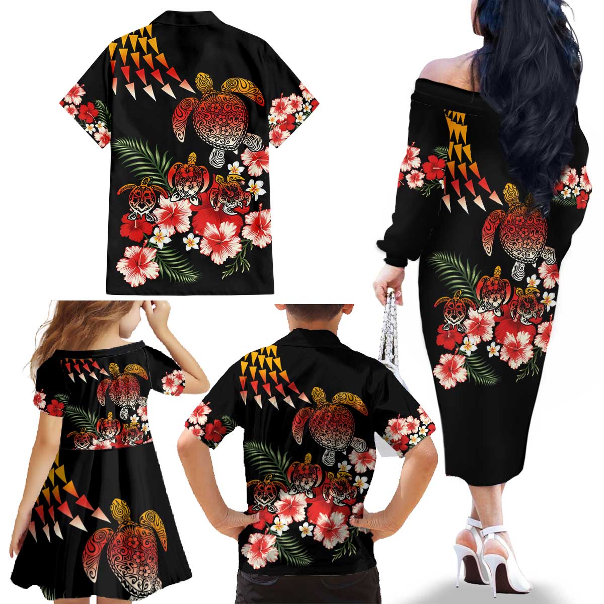 Hawaiian Hibiscus Turtle and Tropical Flower Family Matching Off The Shoulder Long Sleeve Dress and Hawaiian Shirt Dynamic Vibe LT03 - Polynesian Pride